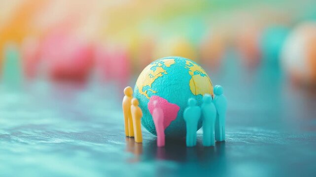 Diverse figurines around small globe representing unity