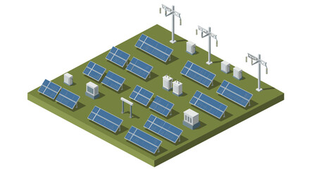 Modern isometric solar farm with panels and electrical infrastructure on grass
