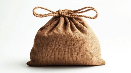 Bolsa marrÃ?Â³n de arpillera cerrada sobre fondo blanco, ideal para representaciones de naturaleza
