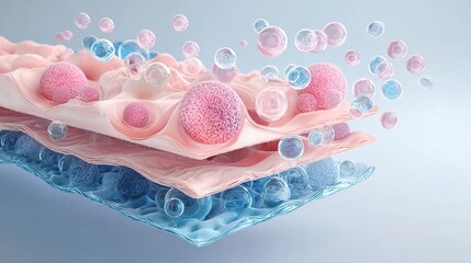 A layered, translucent material with embedded pink and blue spherical structures, showcasing a scientific or technological design concept.