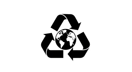A simple, black and white recycling symbol featuring a globe, conveying a message of environmental awareness and sustainability.
