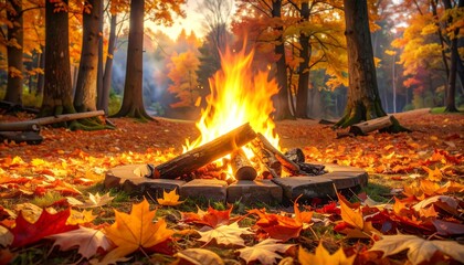 Autumn campfire glows warmly
