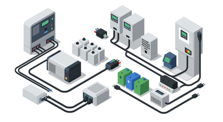 Fototapeta premium Modern isometric power electronics and energy storage systems in a digital grid