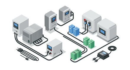 Isometric power supply systems with battery units and connectors for industrial setup