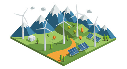 Isometric renewable energy landscape with wind turbines and solar panels in mountainous terrain