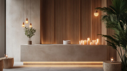 Spa reception counter mockup with scented candles and towels. entrance health wellness relaxation welcoming interior lobby lounge greeting elegance design luxury minimalist modern natural 