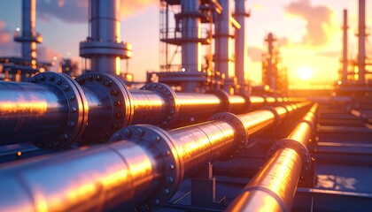 A close-up view of gleaming industrial pipelines reflects the warm light of a setting sun. Metallic structures and tanks fill the background