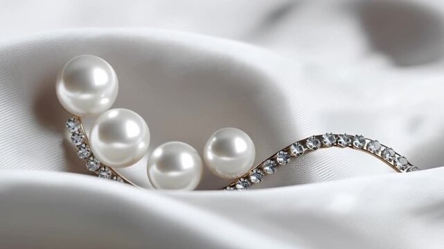 Exquisite Pearl and Crystal Brooch on Luxurious Silk Fabric