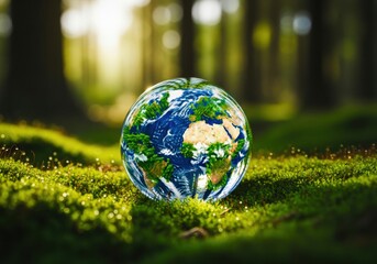 Earth globe resting on lush green moss in a sunlit forest