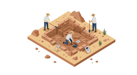 Naklejka premium Isometric archaeological excavation with scientists in desert environment