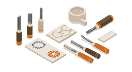Obraz premium Isometric woodworking tools set with gouges, carving blocks, and ruler