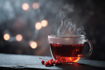 Fototapeta premium Steaming glass cup of schisandra tea with vibrant red liquid and floating berries. Natural adaptogen and herbal superfood infusion