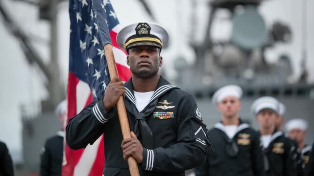 A sailor holds the American flag with pride at a Navy ceremony. The event takes place in a port as the sun sets, creating a strong sense of patriotism and honor among the service members