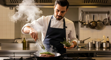 Chef preparing delicious steak with fresh herbs in professional kitchen creating culinary magic perfect for restaurant promotions and cooking content creation
