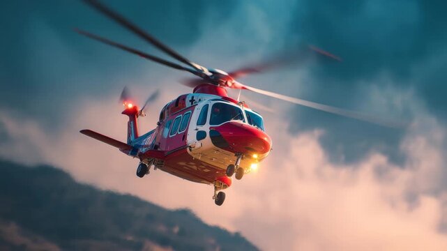 A red and white emergency rescue helicopter hovers above rugged mountains during sunset, preparing to assist in a crucial medical operation for injured individuals in need