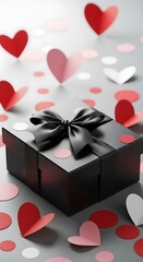 A black gift box, adorned with a satin ribbon bow, sits amidst a festive scattering of paper hearts and circles in shades of red, pink, and white.
