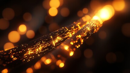 Dynamic glowing fiber optic cables transmit bright light signals through darkness with bokeh effect