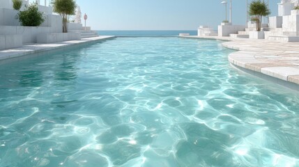 Obraz premium Azure Swimming Pool With Reflecting Sunlight And White Stone Walls Beside Calm Ocean Under Clear Blue Sky In Daylight