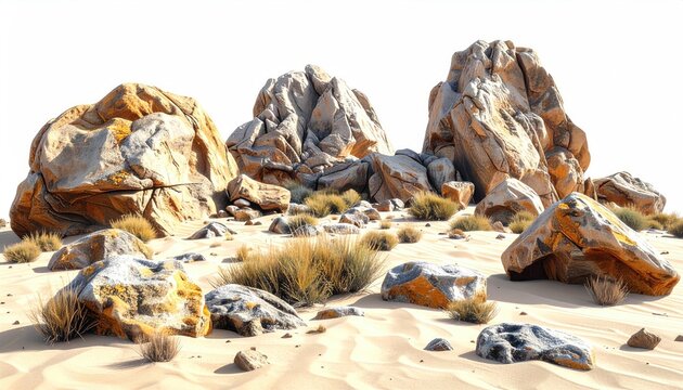 A cluster of large, weathered rocks in a desert setting, interspersed with sparse, dry grass tufts on pale sand, isolated on white