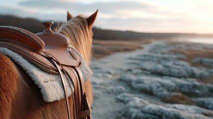 Back View of Brown Horse with Saddle on a Rocky Shoreline at Sunset in Golden Light with Blurry Coastal Background