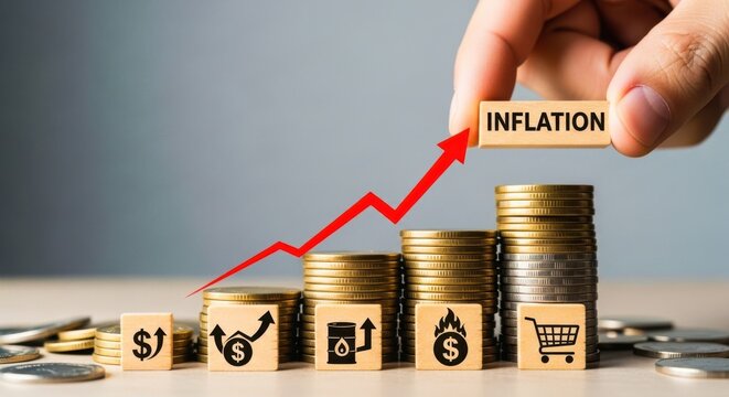 Rising inflation impacts economy illustrated by stacks of coins and icons