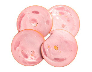 Four slices of pinkish-pale cured meat, circular, arranged in a loose cluster