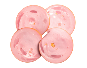 Four slices of pinkish-pale cured meat, circular, arranged in a loose cluster
