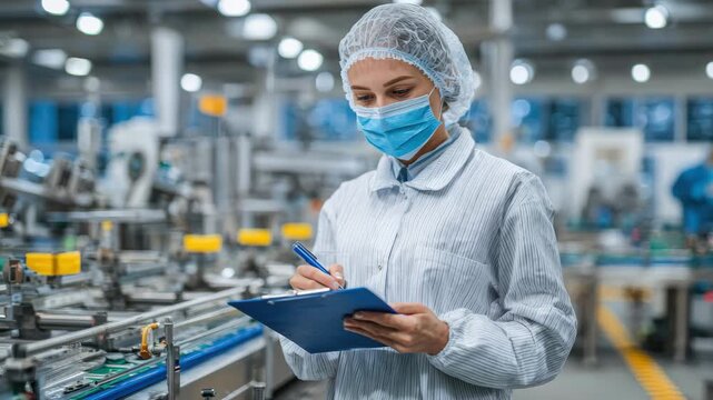 A worker in a manufacturing facility conducts a quality check while wearing protective gear. The setting is busy with machinery and equipment in the background, demonstrating attention to detail