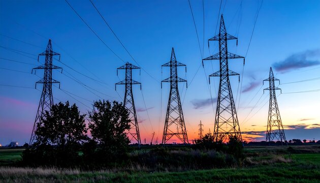 Sunset silhouettes of tall electricity pylons in a field (1) - Powered by Adobe