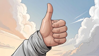 Hand giving thumbs up against clouds