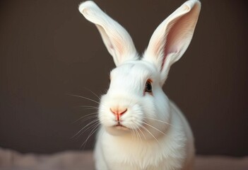 A pristine white rabbit, fluffy fur, long ears, pink nose,  closeup,  gentle