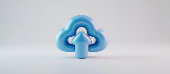 A 3D rendered illustration of a blue cloud with an upward arrow, representing data upload.