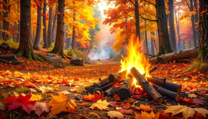 Autumn firelight in woods