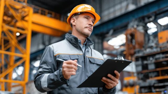 A safety inspector in work attire reviews protocols and safety guidelines in an industrial setting. The inspector ensures all measures are met for workplace safety