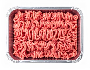 A rectangular aluminum tray filled with bright red, finely ground raw meat, arranged in swirling patterns, viewed from directly above on a white background