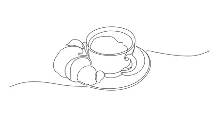 cup of coffee or tea and croissant continuous one line drawing, editable stroke