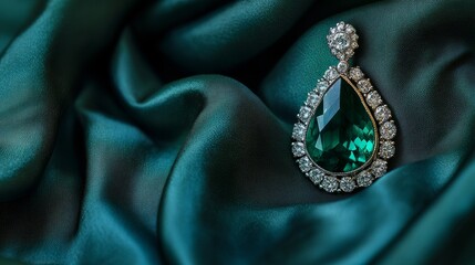 Emerald Elegance: A captivating emerald gemstone earring rests on luxurious dark green fabric, creating an image of sophisticated beauty and timeless allure