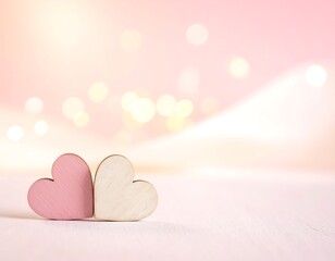 Two pastel hearts on a light wood surface with bokeh background
