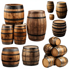 Rustic Wooden Barrels Collection with Different Sizes and Vintage Designs Isolated on White Background