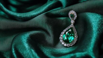 Emerald Elegance: A captivating emerald gemstone earring rests on luxurious dark green fabric, creating an image of sophisticated beauty and timeless allure