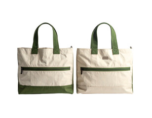 Two cream-colored tote bags, featuring olive-green accents and zippered pockets