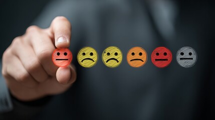 Choosing the worst or best customer experience with hand selecting unhappy or happy face emoticons for feedback and satisfaction