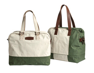 Two tote bags, cream and olive green, with brown leather handles