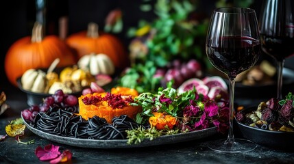 Colorful autumnal meal featuring black pasta squash and red wine on a dark background rich hues detailed food photography