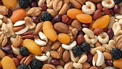 Assorted dried fruits and nuts including apricots almonds cashews and yogurt-covered snacks in vibrant closeup