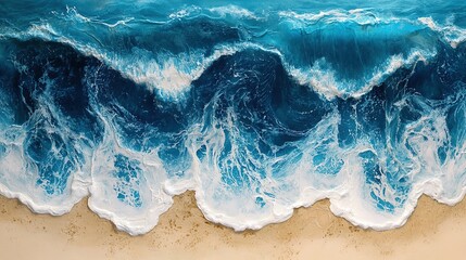 Aerial view of blue ocean waves with foamy crests