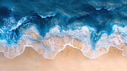 Aerial view of blue ocean waves with foamy crests