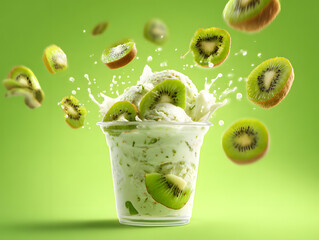 Kiwi ice cream in a clear cup kiwi