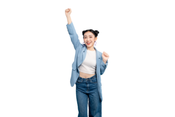 portrait Asian Woman joyfully raising her arms in a gesture of celebration and excitement. A young girl with twin buns hairstyle is posing in a PNG