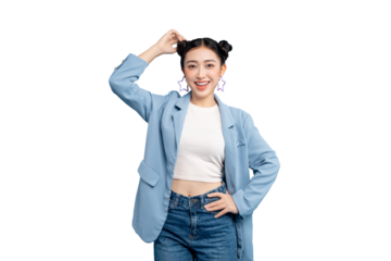 portrait Asian Woman with stylish hair and a vibrant expression, exuding confidence and charisma in PNG